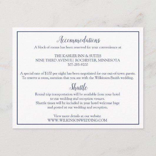 Bruiloft Details / Info Kaart Elegant Navy Blue (Achterkant)