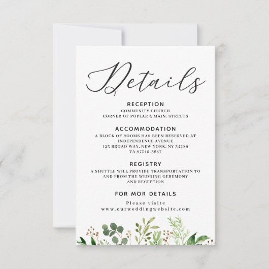 Bruiloft details kaart met groen (Voorkant)