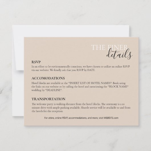 Bruiloft Details Kaart | RSVP, Hotel, Transport Notitiekaartje (Voorkant)