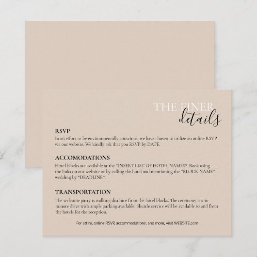 Bruiloft Details Kaart | RSVP, Hotel, Transport Notitiekaartje (Voorkant / Achterkant)
