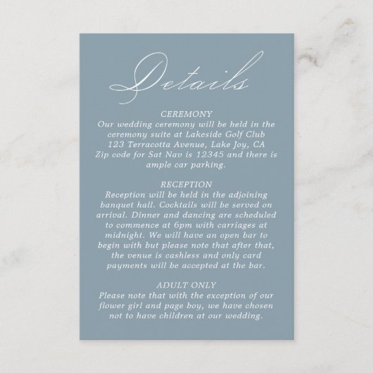 Bruiloft Details Kalligrafie Script Dusty Blue Informatiekaartje (Voorkant)