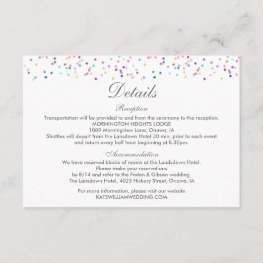 Bruiloft Details Kleurrijke Rainbow Confetti Informatiekaartje (Voorkant)