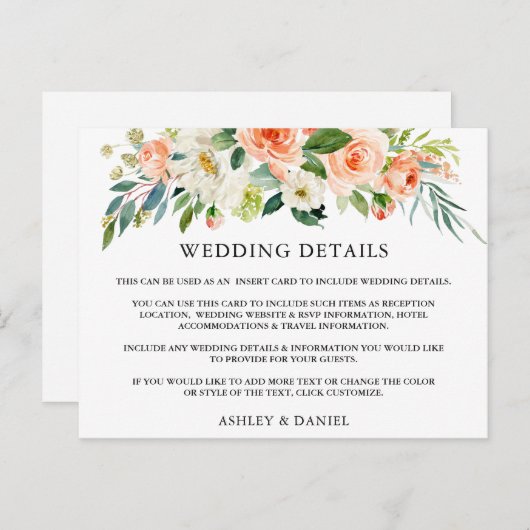 Bruiloft Details Koraal Bloemen Inzetstuk Kaart (Voorkant / Achterkant)