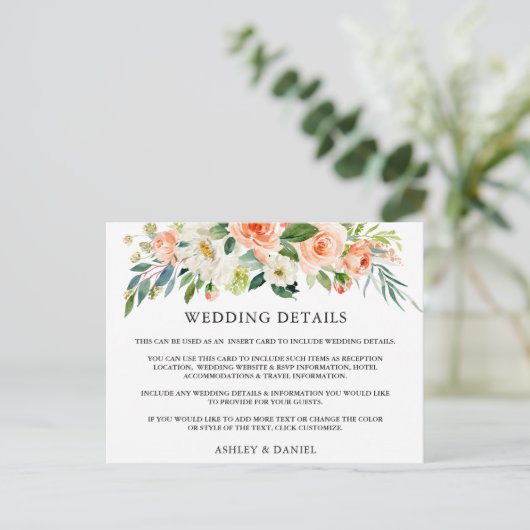 Bruiloft Details Koraal Bloemen Inzetstuk Kaart (Staand voorkant)