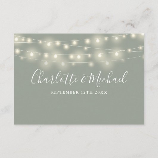 Bruiloft Details Lente Lichten Script Sage Groen Informatiekaartje (Achterkant)