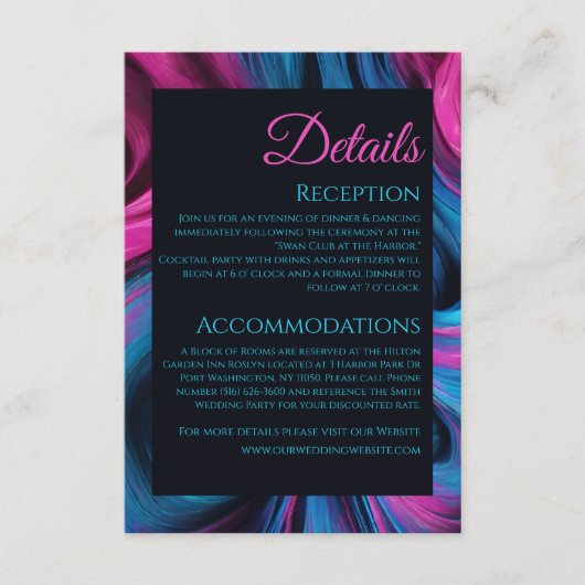 Bruiloft Details-Modern Abstract blauw en roze- Informatiekaartje (Voorkant)