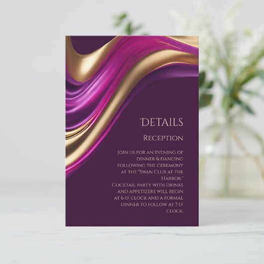 Bruiloft Details-Modern Paarse Fuchsia en Gold- Informatiekaartje (Staand voorkant)