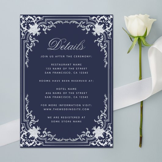 Bruiloft Details Navy Blue Elegant Script Informatiekaartje