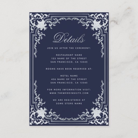 Bruiloft Details Navy Blue  Elegant Script Informatiekaartje (Voorkant)