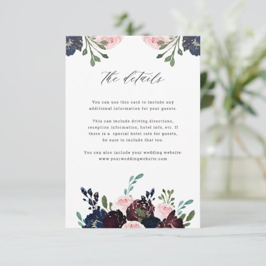 Bruiloft details | Navy en Plum Bloemenbruiloft Informatiekaartje (Staand voorkant)
