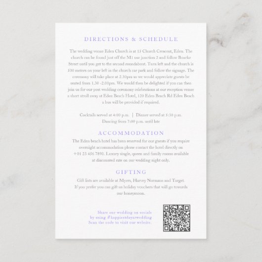 Bruiloft details QR bruiloft paarse aardappelwijns Informatiekaartje (Achterkant)