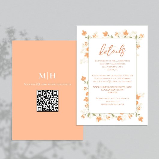 Bruiloft Details QR Code RSVP Perzik Bloemen Informatiekaartje