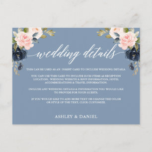 Bruiloft Details Stoffig Blauw Roze Bloemen Inzets Briefkaart