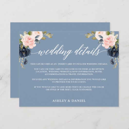 Bruiloft Details Stoffig Blauw Roze Bloemen Inzets Briefkaart (Voorkant / Achterkant)