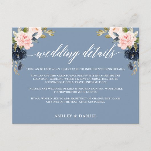 Bruiloft Details Stoffig Blauw Roze Bloemen Inzets Briefkaart (Voorkant)