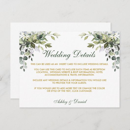 Bruiloft Details Waterverf Groen Gouden Kaart (Voorkant / Achterkant)