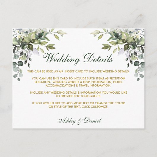 Bruiloft Details Waterverf Groen Gouden Kaart (Voorkant)