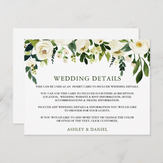Bruiloft Details Wit Groen Bloemen Inzetstuk Kaart (Voorkant / Achterkant)