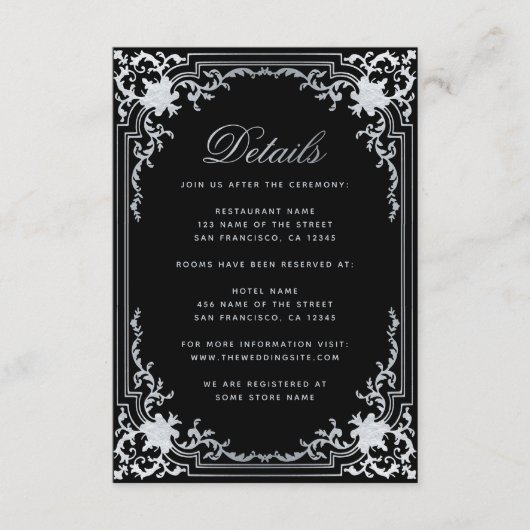 Bruiloft Details Zwart  Elegant Faux Silver Informatiekaartje (Voorkant)