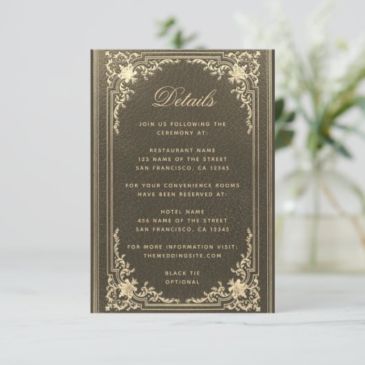 Bruiloft Details Zwart Goud  Elegant Script Informatiekaartje (Staand voorkant)