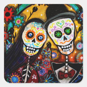 BRUILOFT DIA DE LOS MUERTOS VIERKANTE STICKER
