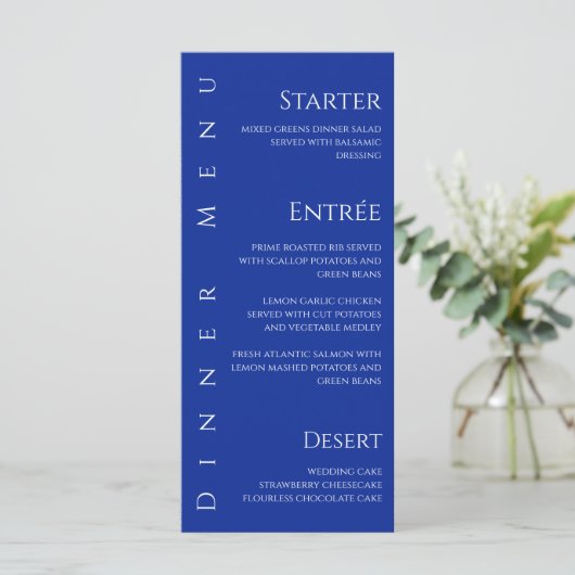 Bruiloft Diner en Bar Menu-Blauw en Wit Menu (Staand voorkant)