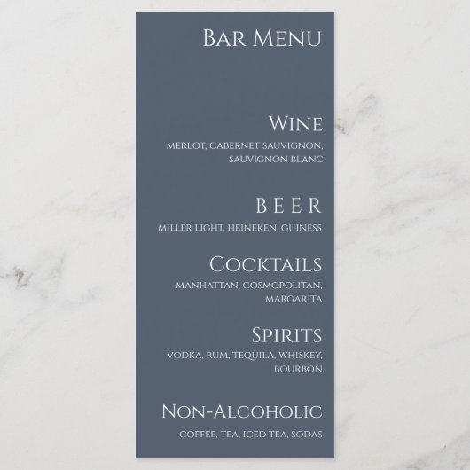 Bruiloft Diner en Bar Menu-Blauw en Wit- Menu (Achterkant)