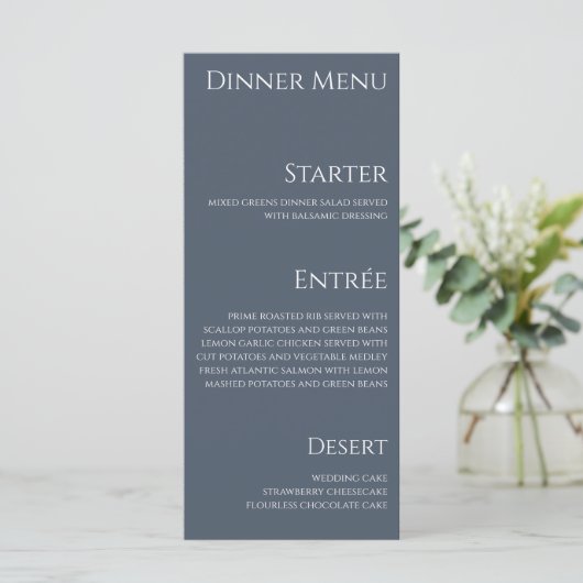Bruiloft Diner en Bar Menu-Blauw en Wit- Menu (Staand voorkant)