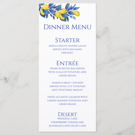 Bruiloft Diner en Bar Menu-citroenen Menu (Voorkant)