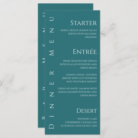 Bruiloft Diner en Bar Menu-Emerald Groen- Menu (Voorkant / Achterkant)