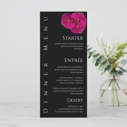 Bruiloft Diner en Bar Menu-Fuchsia Orchids- Menu (Staand voorkant)