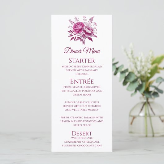 Bruiloft Diner en Bar Menu-Magenta Pioen Menu (Staand voorkant)