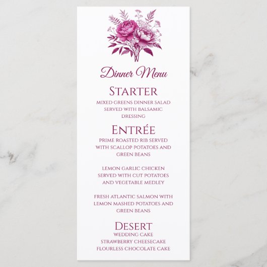 Bruiloft Diner en Bar Menu-Magenta Pioen Menu (Voorkant)
