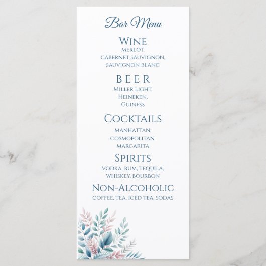 Bruiloft Diner en Bar Menu-Pastel Botanical- Menu (Achterkant)