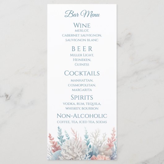 Bruiloft Diner en Bar Menu-Pastel Koraalrif Menu (Achterkant)