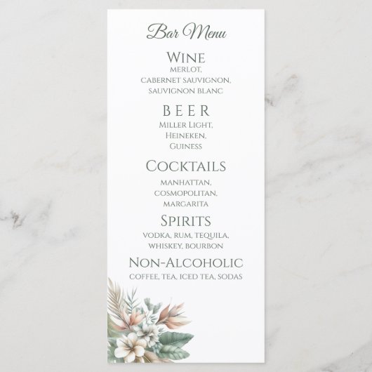 Bruiloft Diner en Bar Menu-Tropische Elegantie Menu (Achterkant)
