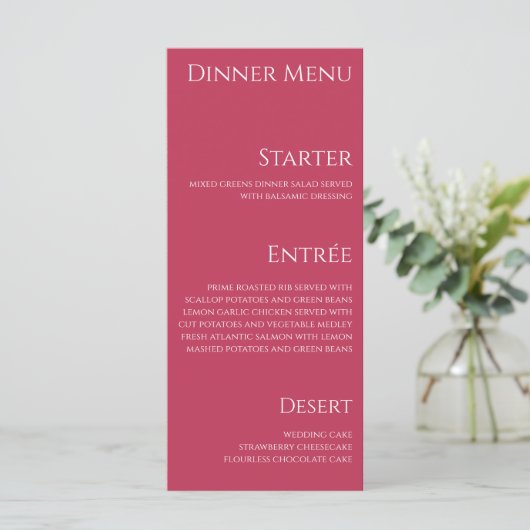 Bruiloft Diner en Bar Menu-Viva Magenta- Menu (Staand voorkant)