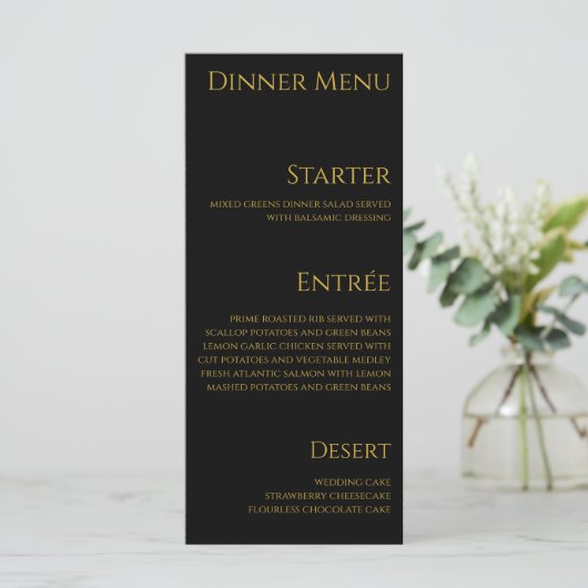 Bruiloft Diner en Bar Menu-Zwart en Goud- Menu (Staand voorkant)