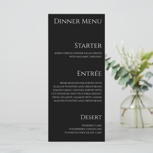Bruiloft Diner en Bar Menu-Zwart-Wit- Menu (Staand voorkant)