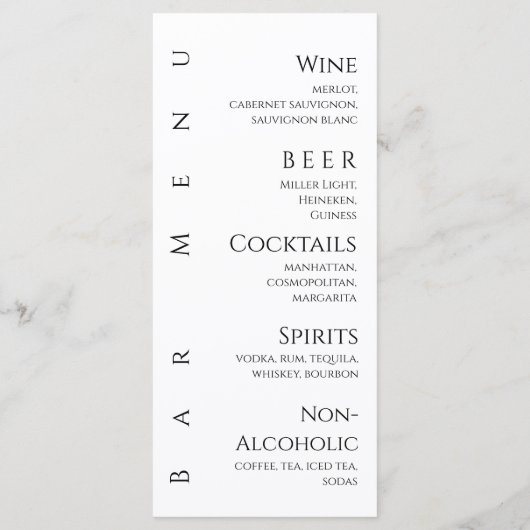 Bruiloft Diner en Bar Menu-Zwart-Wit- Menu (Achterkant)