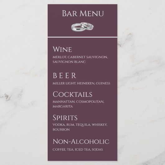 Bruiloft Diner en Drink Menu-Wijn en Wit- Menu (Achterkant)