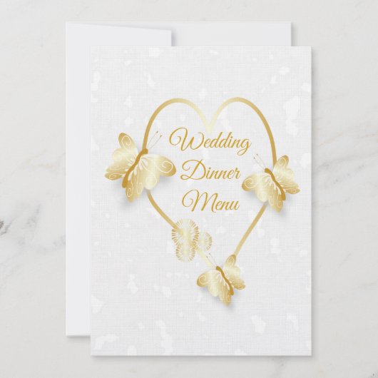 Bruiloft Diner Menu Goudkleurige Hart Vlinder Kaart (Voorkant)