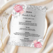 Bruiloft diner menu zilveren roze bloemen budget