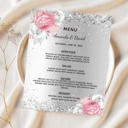Bruiloft diner menu zilveren roze bloemen budget