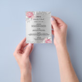 Bruiloft diner menu zilveren roze bloemen budget (Hand)