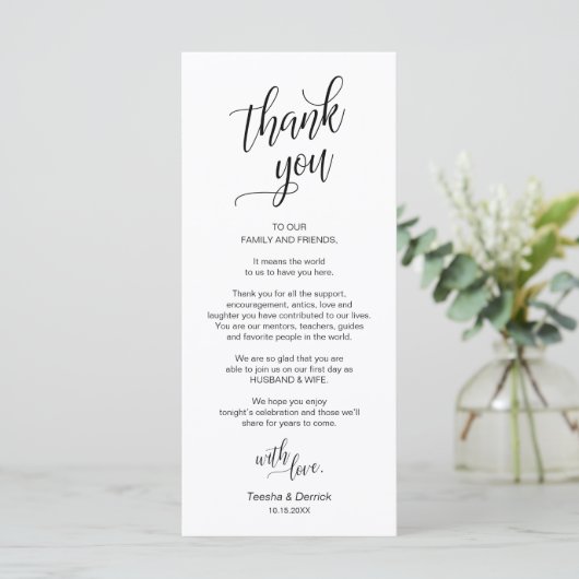 Bruiloft diner, plaats instelling dank u kaarten (Staand voorkant)