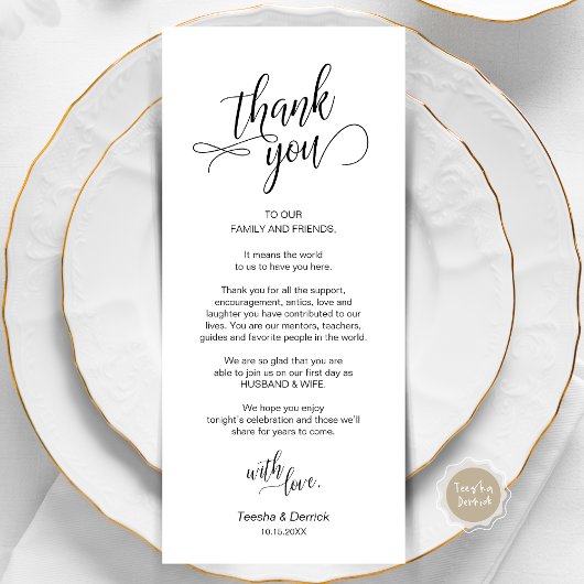 Bruiloft diner, plaats instelling dank u kaarten