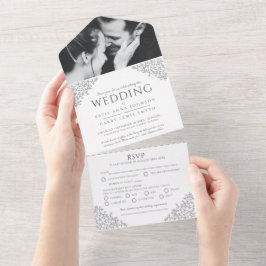 Bruiloft donkergrijs wit blad fotomaaltijd RSVP All In One Uitnodiging