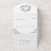 Bruiloft donkergrijs wit monogram bladeren all in one uitnodiging (Buitenkant)