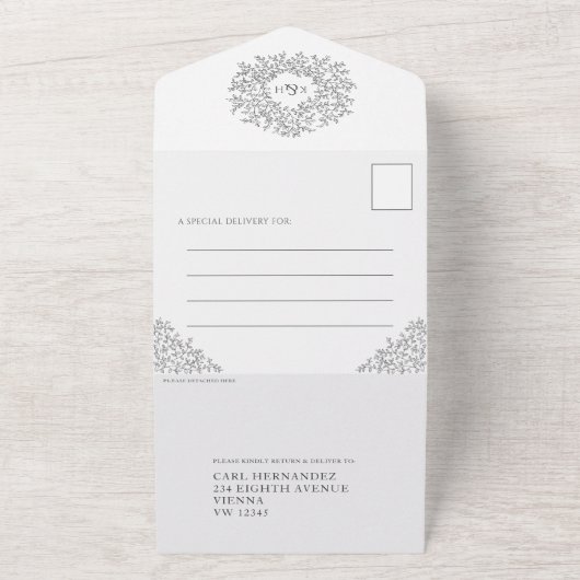 Bruiloft donkergrijs wit monogram bladeren all in one uitnodiging (Buitenkant)